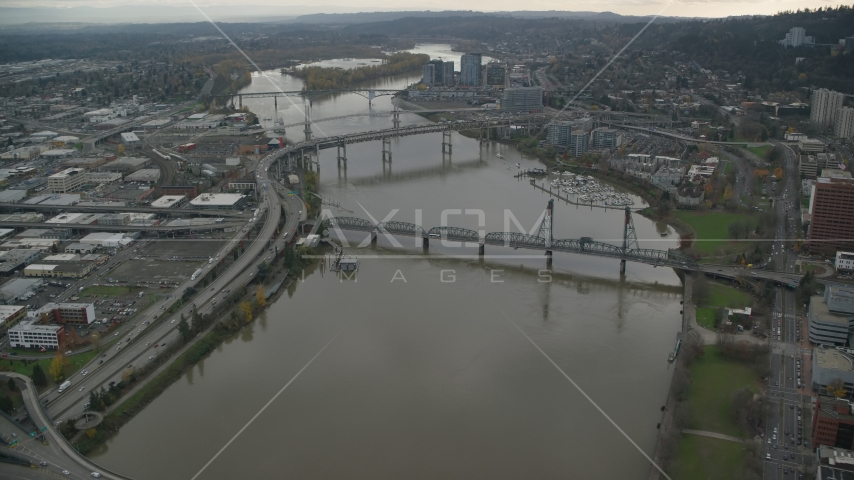 Marquam Bridge, Riverplace Marina, Hawthorne Bridge near Downtown Portland, Oregon Aerial Stock Photo AX155_069.0000000F | Axiom Images