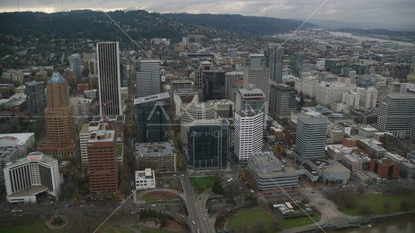 Riverfront park and skyscrapers in Downtown Portland, Oregon Aerial Stock Photo AX155_070.0000290F | Axiom Images