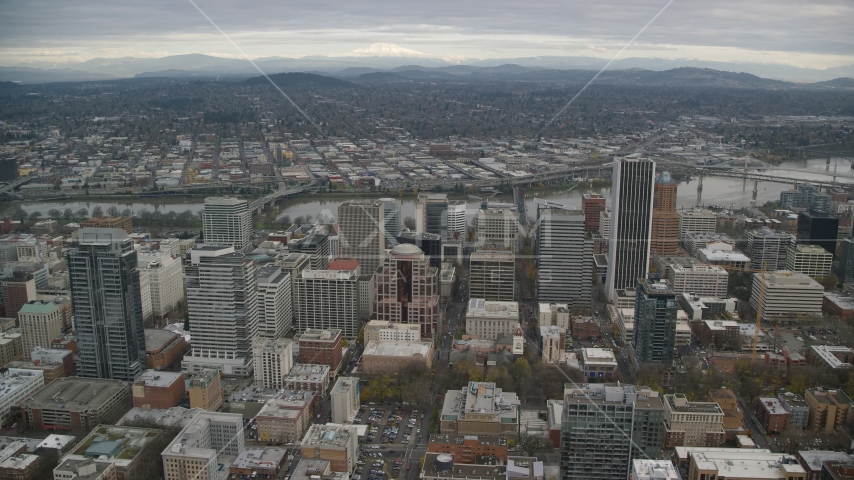 Skyscrapers and high-rises near the Willamette River in Downtown Portland, Oregon Aerial Stock Photo AX155_110.0000108F | Axiom Images