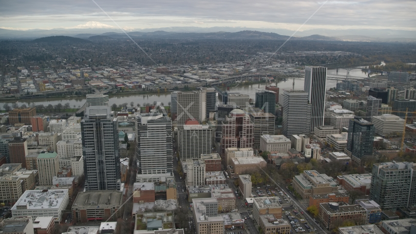 Skyscrapers and high-rises near the Willamette River in Downtown Portland, Oregon Aerial Stock Photo AX155_110.0000310F | Axiom Images