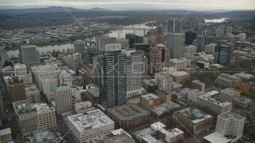 Skyscrapers and high-rises around Park Avenue West Tower near the Willamette River in Downtown Portland, Oregon Aerial Stock Photo AX155_111.0000222F | Axiom Images