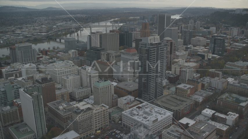 Skyscrapers and high-rises around Park Avenue West Tower near the Willamette River in Downtown Portland, Oregon Aerial Stock Photo AX155_111.0000350F | Axiom Images