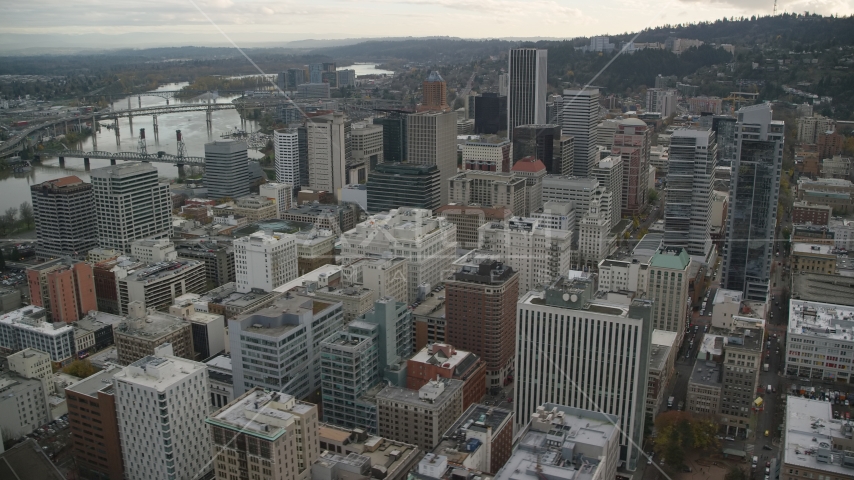 Skyscrapers and high-rises in Downtown Portland, Oregon, near US Bancorp Tower Aerial Stock Photo AX155_112.0000241F | Axiom Images