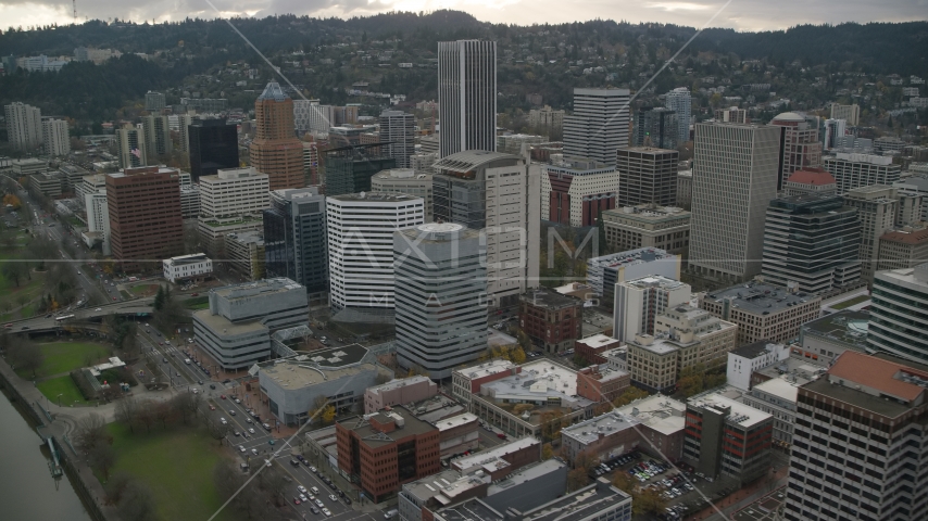 High-rises and skyscrapers in Downtown Portland, Oregon Aerial Stock Photo AX155_114.0000306F | Axiom Images