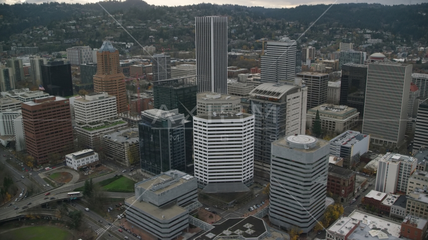 High-rises near KOIN Center in Downtown Portland, Oregon Aerial Stock Photo AX155_115.0000074F | Axiom Images