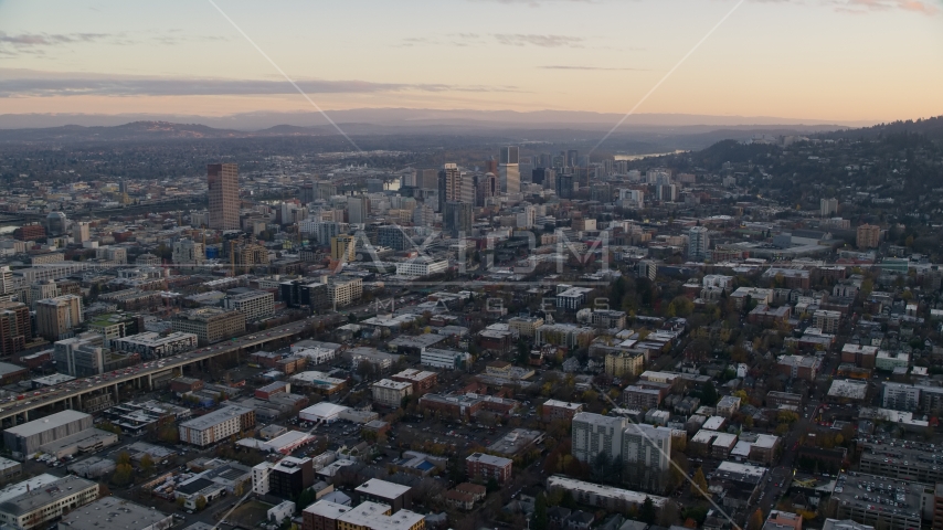 Northwest Portland at sunset, I-405 and Downtown Portland, Oregon Aerial Stock Photo AX155_143.0000304F | Axiom Images