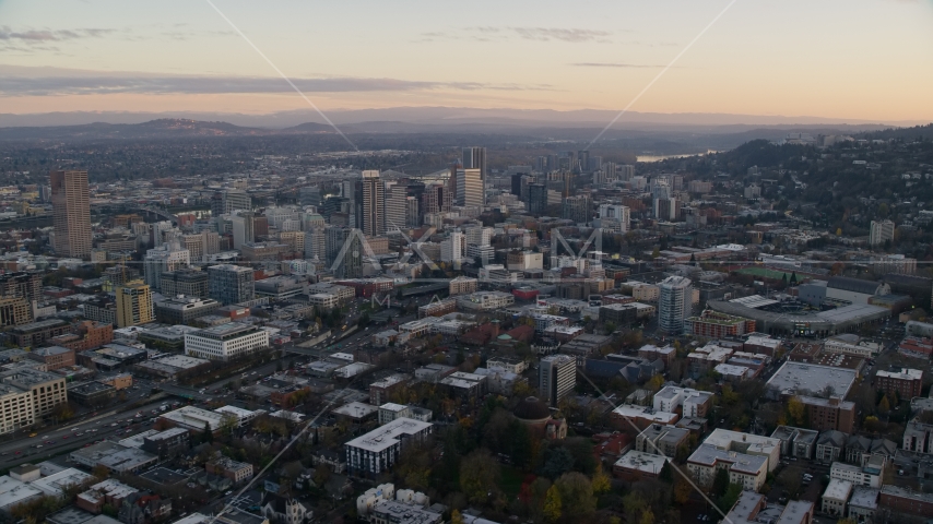 Providence Park near I-405 and Downtown Portland, Oregon, sunset Aerial Stock Photo AX155_144.0000296F | Axiom Images