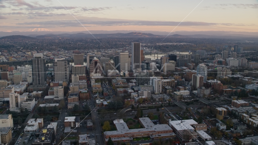 Skyscrapers at sunset in Downtown Portland, Oregon Aerial Stock Photo AX155_146.0000202F | Axiom Images