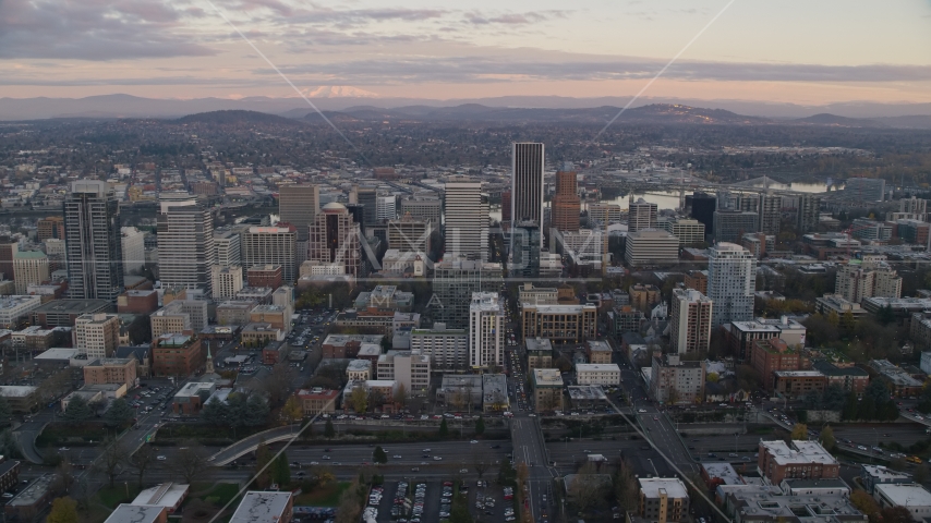 Skyscrapers and high-rises at sunset in Downtown Portland, Oregon Aerial Stock Photo AX155_147.0000000F | Axiom Images