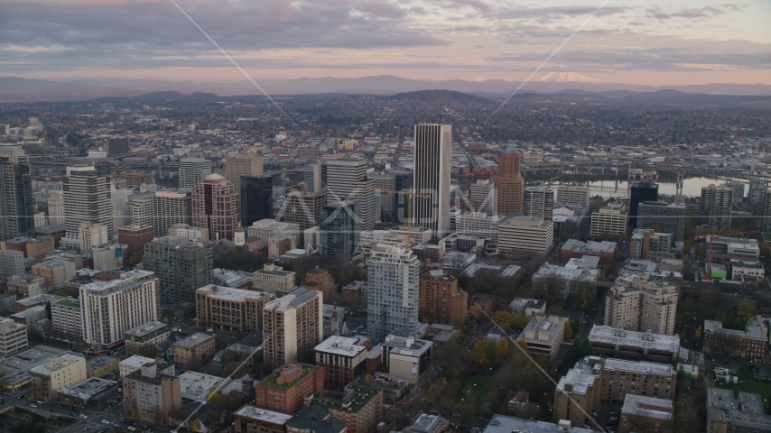 Skyscrapers and high-rises at sunset in Downtown Portland, Oregon Aerial Stock Photo AX155_147.0000289F | Axiom Images