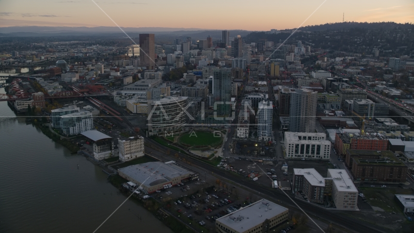 Downtown Portland at sunset, Oregon Aerial Stock Photo AX155_162.0000364F | Axiom Images