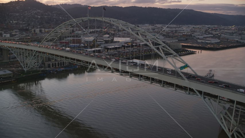 Heavy rush-hour traffic on both decks of the Fremont Bridge, Portland, Oregon Aerial Stock Photo AX155_209.0000000F | Axiom Images