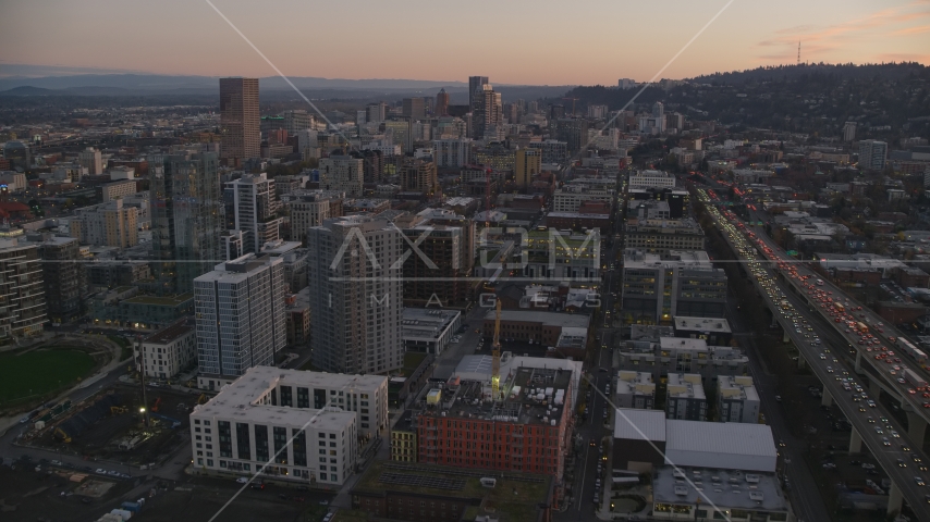 Heavy rush-hour traffic on I-5 to skyscrapers, Downtown Portland, Oregon Aerial Stock Photo AX155_211.0000260F | Axiom Images