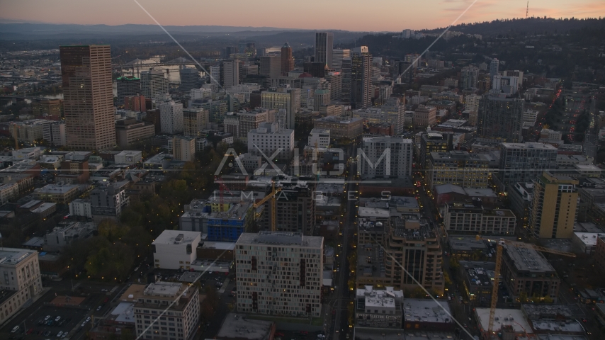 Downtown buildings to US Bancorp Tower, North Park Blocks, and high-rises, Downtown Portland, Oregon Aerial Stock Photo AX155_212.0000358F | Axiom Images