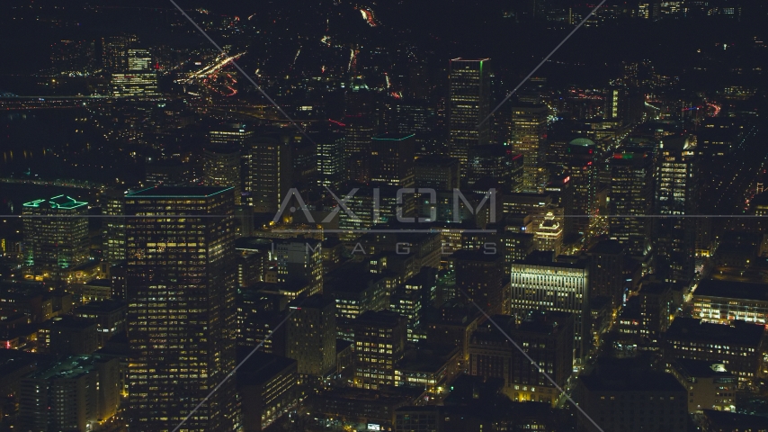 Downtown US Bancorp Tower, high-rises and skyscrapers at night, Downtown Portland, Oregon Aerial Stock Photo AX155_332.0000268F | Axiom Images