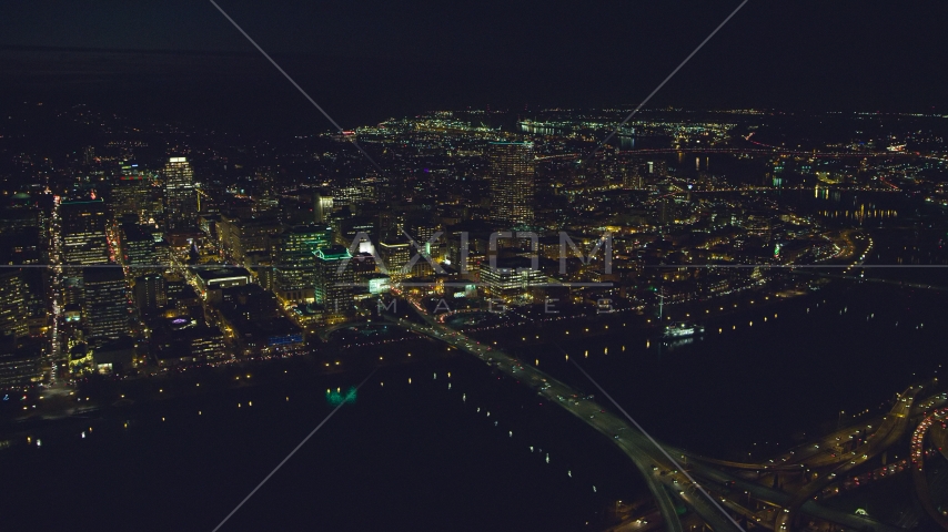 Downtown Portland, the Morrison Bridge and the Burnside Bridge over Willamette River, night, Oregon Aerial Stock Photo AX155_360.0000006F | Axiom Images