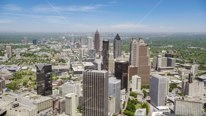 Downtown skyscrapers and Westin Peachtree Plaza Hotel, Atlanta, Georgia Aerial Stock Photo AX36_004.0000190F | Axiom Images