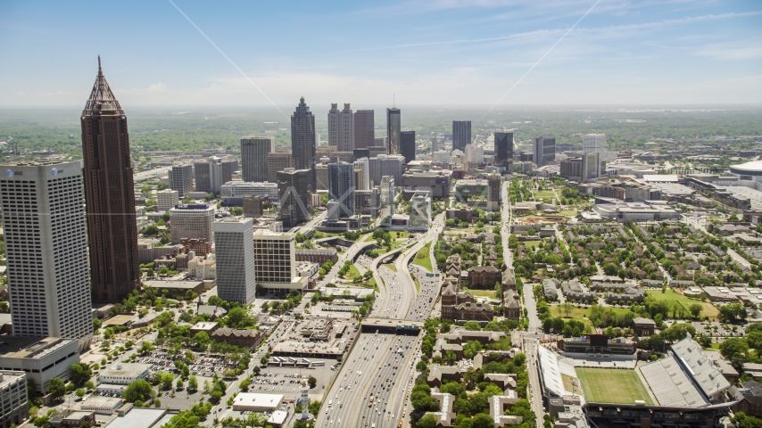 Downtown Connector traffic,  skyscrapers, Atlanta, Georgia Aerial Stock Photo AX36_019.0000117F | Axiom Images