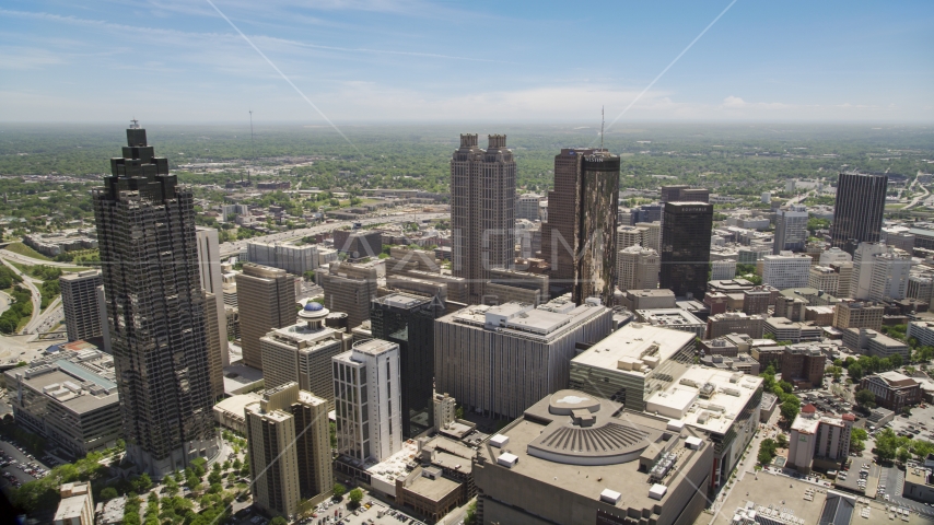 High-rises and office buildings near skyscrapers, Downtown Atlanta, Georgia Aerial Stock Photo AX36_022.0000219F | Axiom Images