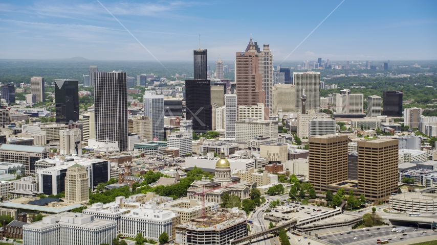 Skyscrapers behind the Georgia State Capitol in Downtown Atlanta, Georgia Aerial Stock Photo AX36_035.0000193F | Axiom Images