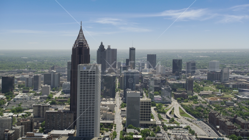 Bank of America Plaza and AT&T Building, hazy, Midtown Atlanta, Georgia Aerial Stock Photo AX36_090.0000046F | Axiom Images