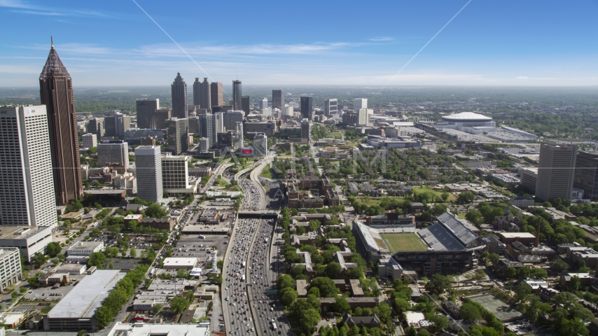 Heavy traffic on Downtown Connector toward Downtown Atlanta, Georgia Aerial Stock Photo AX37_073.0000122F | Axiom Images