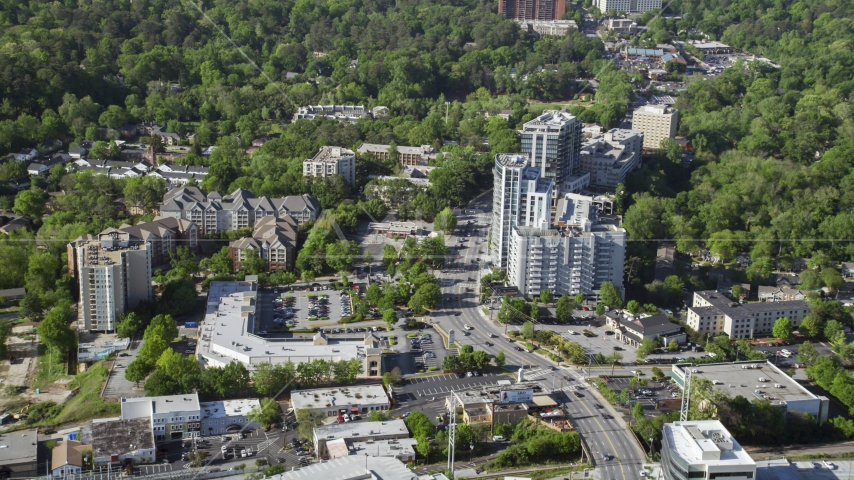 A city road past office and apartment buildings, Buckhead, Georgia Aerial Stock Photo AX38_008.0000101F | Axiom Images