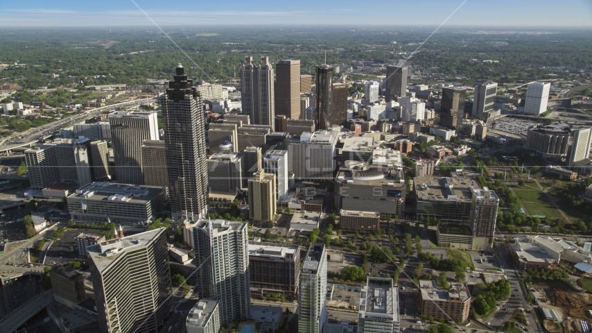 Skyscrapers, office buildings seen from Midtown, Downtown Atlanta, Georgia Aerial Stock Photo AX38_079.0000013F | Axiom Images