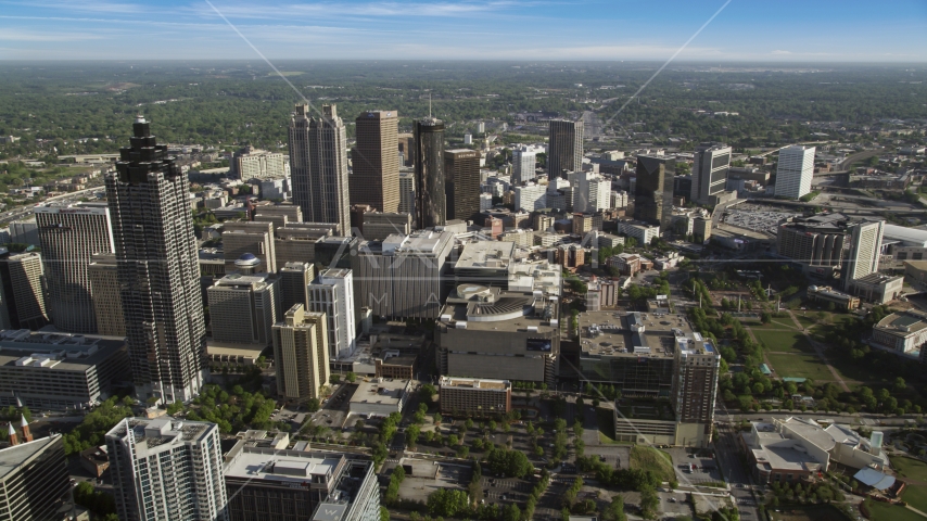 Downtown skyscrapers and office buildings from Midtown, Atlanta, Georgia Aerial Stock Photo AX38_079.0000087F | Axiom Images