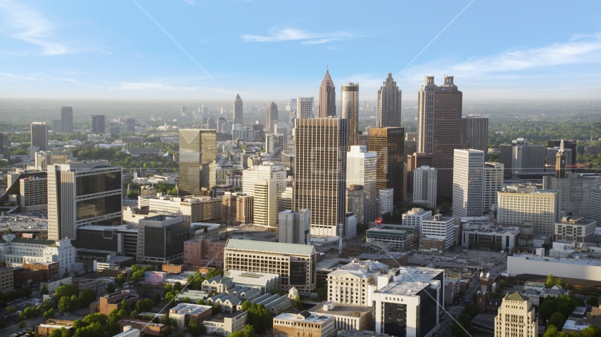 Wide shot of skycrapers at sunset, Downtown Atlanta, Georgia Aerial Stock Photo AX39_044.0000124F | Axiom Images