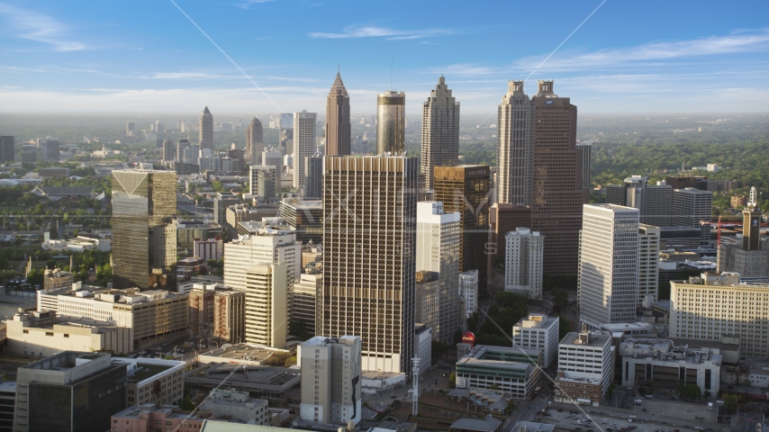 Skyscrapers and high-rises under hazy skies, Downtown Atlanta, Georgia Aerial Stock Photo AX39_045.0000122F | Axiom Images