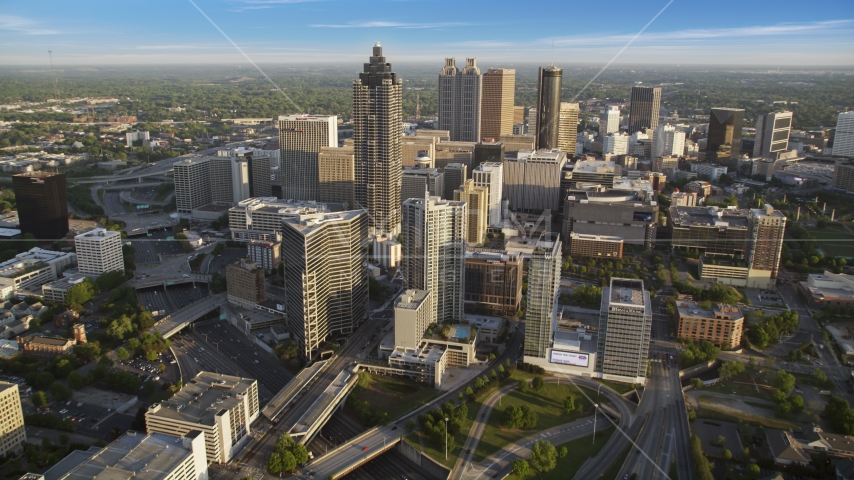 SunTrust Plaza and Downtown Atlanta skyscrapers, Georgia, haze Aerial Stock Photo AX39_064.0000211F | Axiom Images