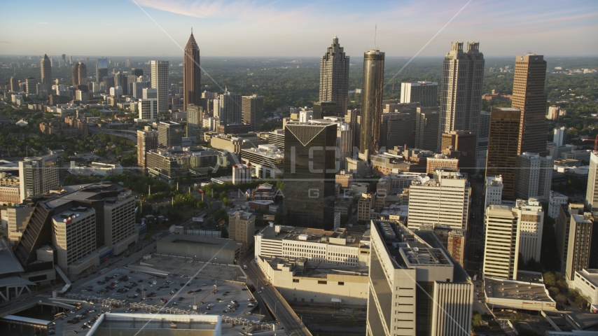 Downtown Atlanta skyscrapers and high-rises at sunset, Georgia Aerial Stock Photo AX39_068.0000526F | Axiom Images