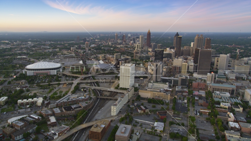 Georgia Dome near Downtown and Midtown Atlanta, Georgia, twilight Aerial Stock Photo AX40_002.0000265F | Axiom Images