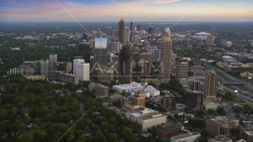 Midtown Atlanta skyscrapers at twilight in Georgia Aerial Stock Photo AX40_009.0000205F | Axiom Images