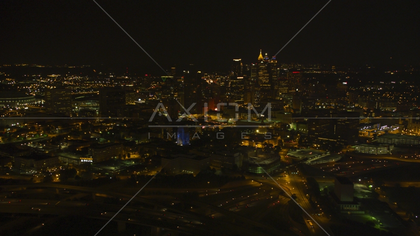 The Downtown Atlanta skyline at night, Georgia Aerial Stock Photo AX41_006.0000461F | Axiom Images