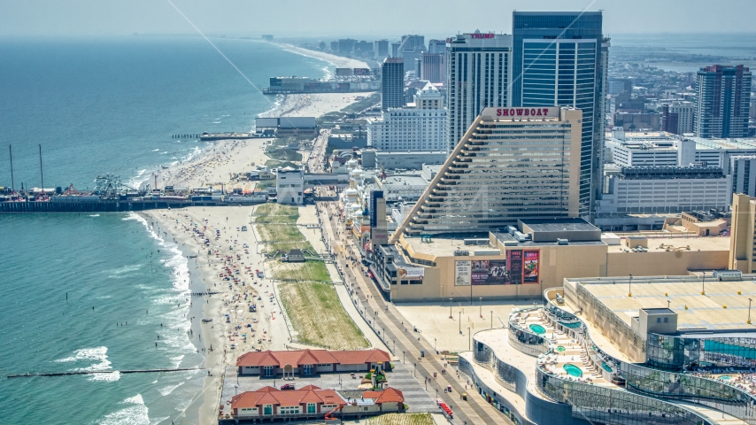 Steel Pier and Showboat Atlantic City by the beach, New Jersey Aerial Stock Photo AXP071_000_0020F | Axiom Images