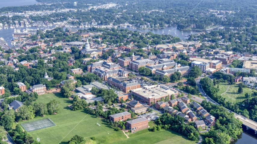 The Maryland State House and nearby buildings in Annapolis, Maryland Aerial Stock Photo AXP073_000_0001F | Axiom Images