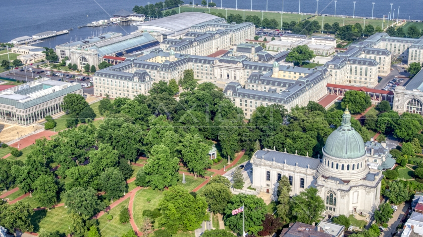 The Chapel and Bancroft Hall at the United States Naval Academy in Annapolis, Maryland Aerial Stock Photo AXP073_000_0004F | Axiom Images