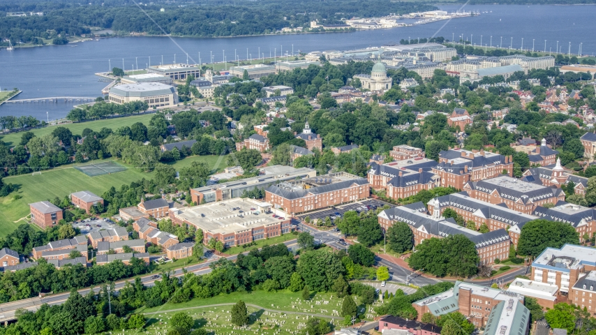 State government buildings and the United States Naval Academy, Annapolis, Maryland Aerial Stock Photo AXP073_000_0005F | Axiom Images