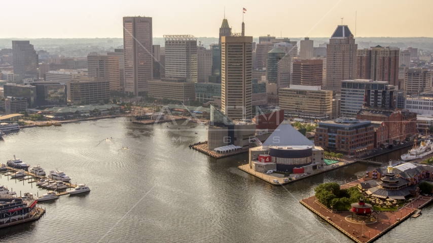 Harborplace and Downtown Baltimore skyscrapers, Maryland Aerial Stock Photo AXP073_000_0010F | Axiom Images