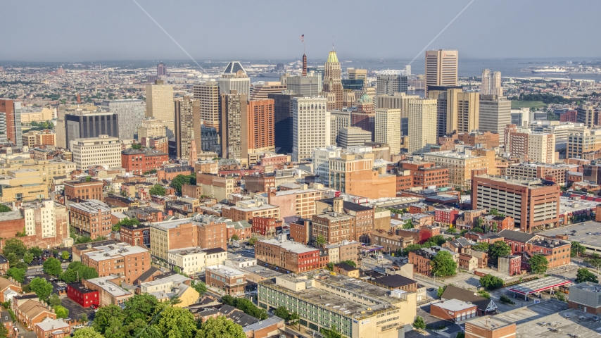 Skyscrapers and high-rises in Downtown Baltimore, Maryland Aerial Stock Photo AXP073_000_0011F | Axiom Images