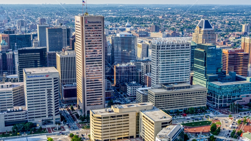 Transamerica Tower, 100 East Pratt Street, and The Gallery Mall and office tower in Downtown Baltimore, Maryland Aerial Stock Photo AXP073_000_0013F | Axiom Images