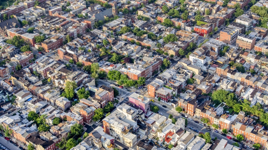 Town homes and apartment buildings in Baltimore, Maryland Aerial Stock Photo AXP073_000_0017F | Axiom Images