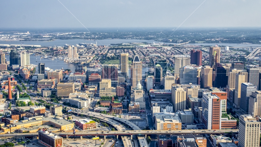 Baltimore City Hall and skyscrapers in downtown, Maryland Aerial Stock Photo AXP073_000_0018F | Axiom Images