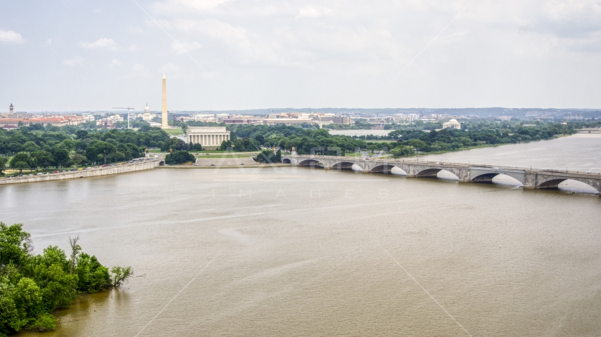 The Washington Monument, Lincoln Memorial, and Arlington Memorial Bridge in Washington DC Aerial Stock Photo AXP074_000_0011F | Axiom Images