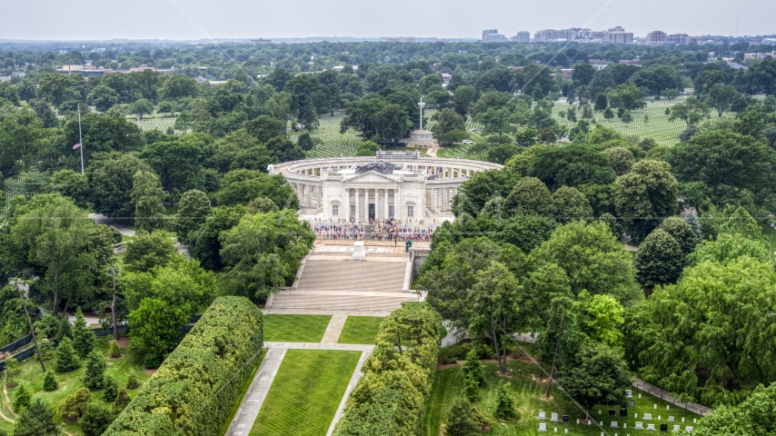 The Tomb of the Unknown Soldier Monument with tourists at Arlington National Cemetery, Washington DC Aerial Stock Photo AXP074_000_0013F | Axiom Images