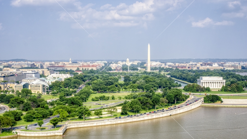 The Capitol dome, Washington Monument, and Lincoln Memorial in Washington DC Aerial Stock Photo AXP075_000_0019F | Axiom Images