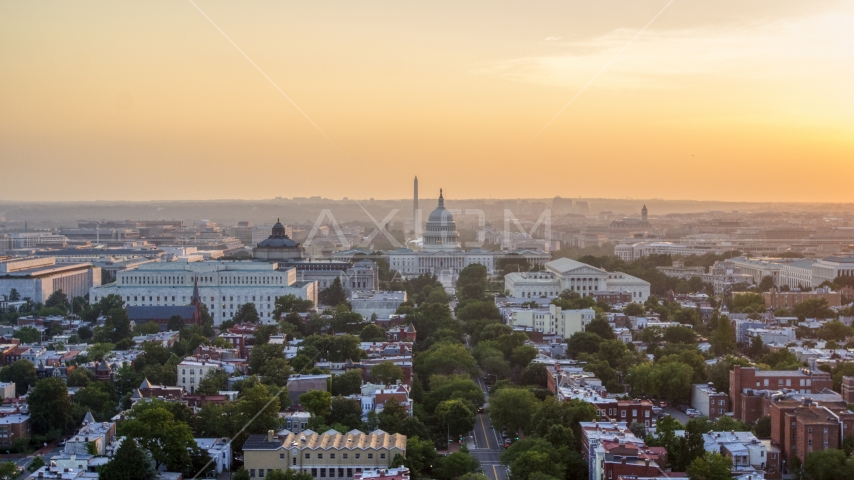 Library of Congress, United States Capitol, Washington Monument, Supreme Court, Washington D.C., sunset Aerial Stock Photo AXP076_000_0015F | Axiom Images