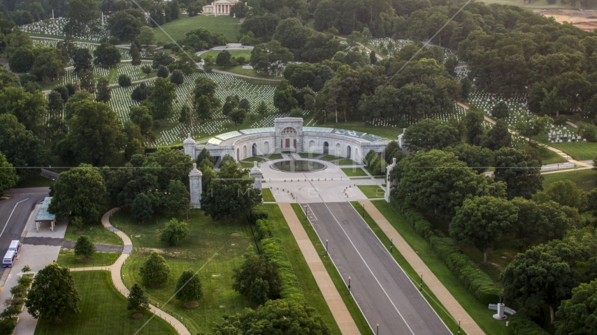 The Women in Military Service for America Memorial, Arlington National Cemetery, Virginia, twilight Aerial Stock Photo AXP076_000_0020F | Axiom Images